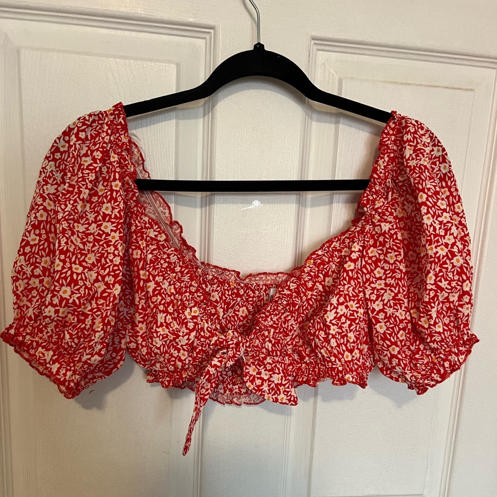 Princess Polly Red Floral Tie Front Top
